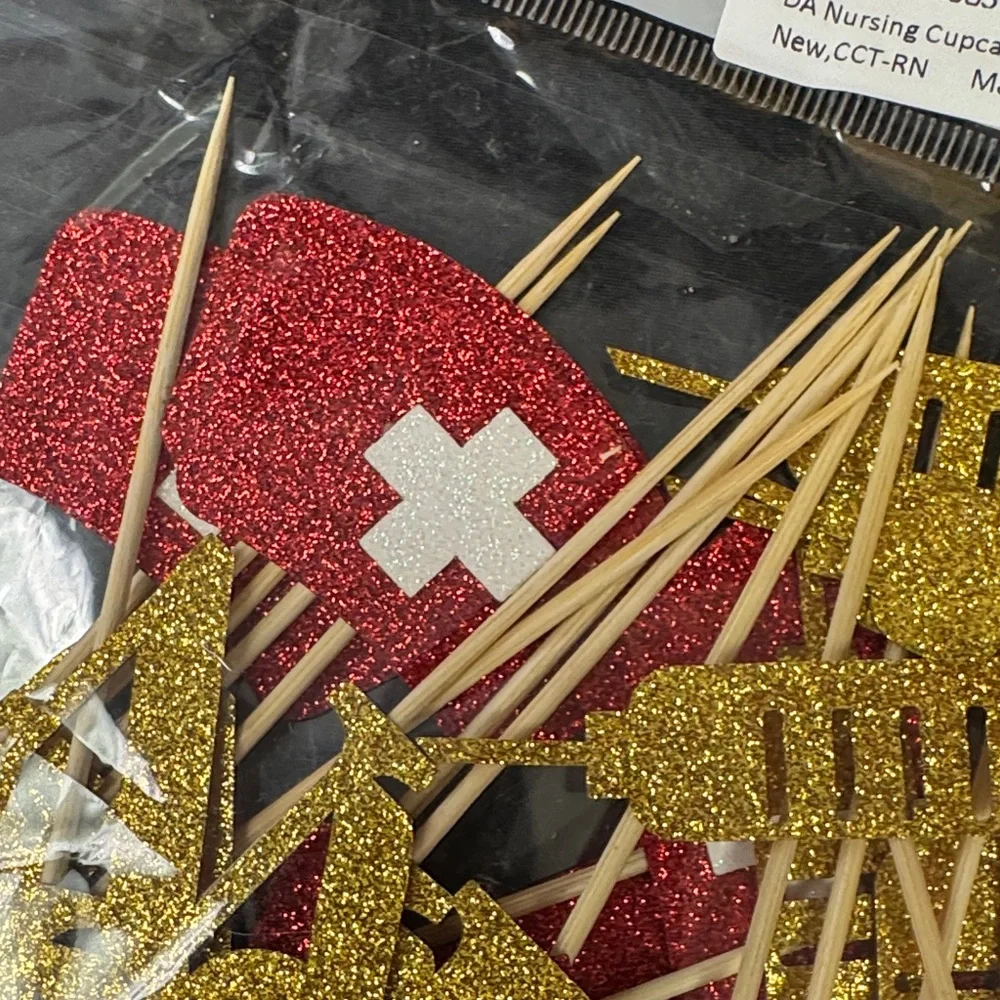 Glittery Red and Gold Cupcake Toppers Nursing needle heart RN and hat all new